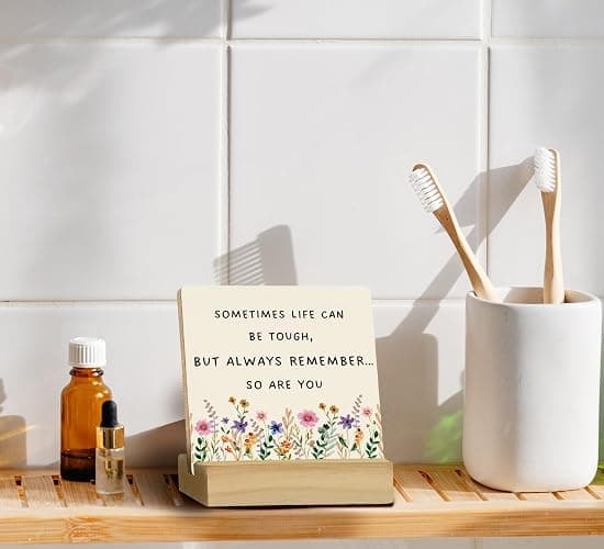QASHWEY Motivational Desk Decor, Inspirational Desk Decor Floral Wood Table Signs, Inspirational Gifts for Women Friends, Sometimes Life Can be Tough Wooden Plaque with Wooden Stand for Home Office thumbnail 6