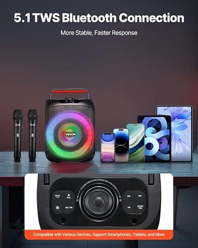 VEVOR Karaoke Machine for Adults, 30W, 6.5-inch Portable Bluetooth Speaker with 2 Wireless Microphones, LED Light, TWS Function, Handle, Support Micro TF Card, USB, AUX, for Home Karaoke Party Singing thumbnail 6