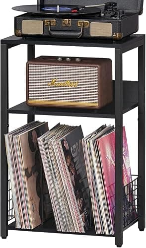LELELINKY Support de disques vinyles à 3 étages - Vintage - En vinyle - Avec espace de rangement pour jusqu'à 100 albums - Pour salon et bureau (Black) - Image 1