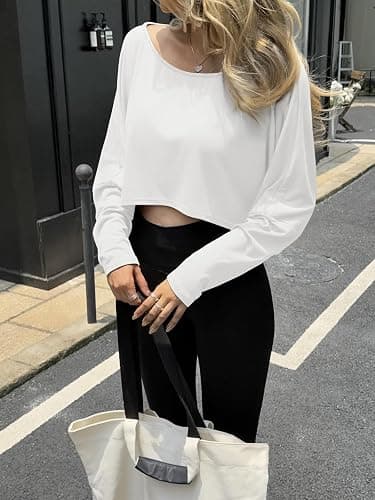 Fisoew Womens Off The Shoulder Cropped Tops Batwing Long Sleeve Loose Fit Summer Boat Neck Workout T Shirts thumbnail 4