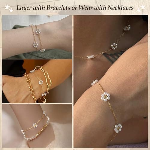 DAYANEY Pearl Bracelets for Women, Gold Bracelet Silver Pearl Jewelry as Gifts for Girls, Dainty Daisy and Heart Braclets Cute Floral Prom Jewelry for Bridesmaid Brazaletes Para Mujer thumbnail 5