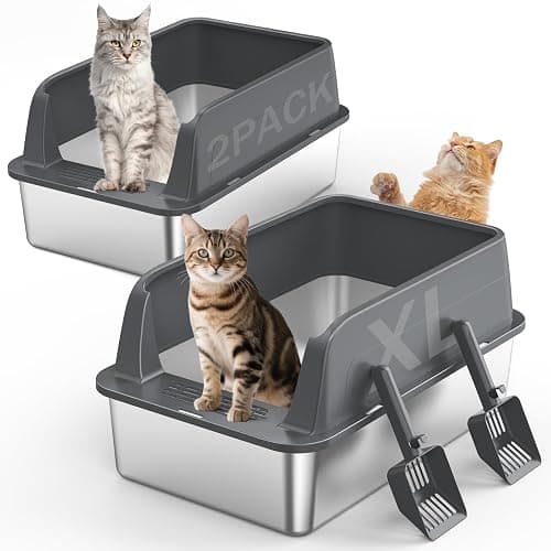 2PACK Stainless Steel Litter Box, Extra Large Litter Boxes for Big Cats, XL Metal Cat Litter Box with Lid High Sides, Anti-Urine Leakage, Non-Sticky, Scoop Included - Image 1