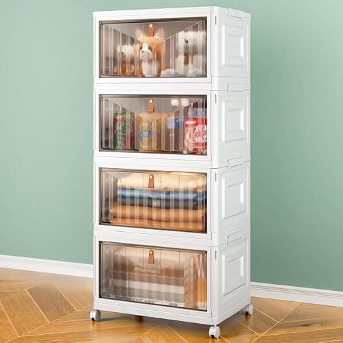 4 Tier Storage Bins with Lids, 23QT Stackable Closet Organizers and Storage with Wheels, Collapsible Storage Boxes, Foldable Plastic Storage Containers for Home,Office, Dorm Room-White - Image 1
