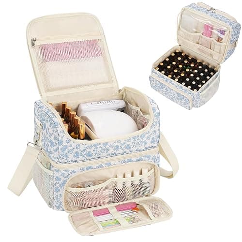 CUBETASTIC Nail Polish Organizer & Storage Bag for 48 Bottles & Full-Size Lamp, Double-Layer Travel Case Box for Nail Supplies, Manicure Kit & Pedicure Tools (Blue Floral, 48 Slots) - Image 1