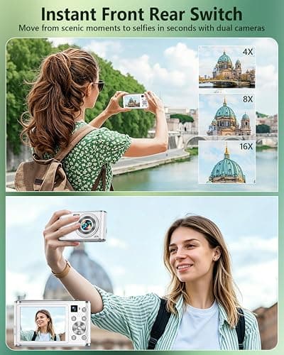 4K Digital Camera for Photography 48MP Dual Lens Autofocus 16X Zoom, White | Portable with Anti-Shake, Flash, 2.8" Screen, Vlogging Camera for YouTube Travel Selfies, Beginners, 32GB Card, 2 Batteries thumbnail 4