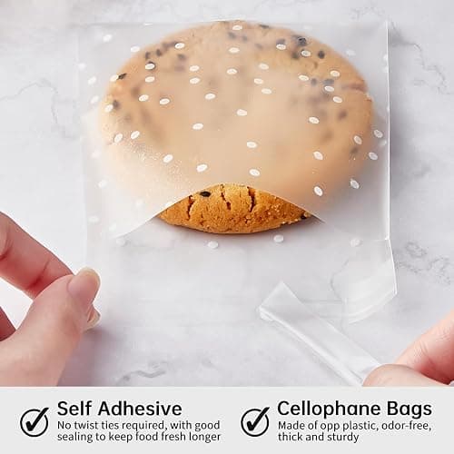 300PCS Cookie Bags Self Adhesive Clear Plastic Cellophane Treat Bags for Candy Pastry Packaging Christmas Party Favor Gift Giving (White Polka Dots, 4 x 4 inches) thumbnail 4