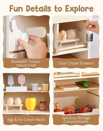 ROBOTIME Wooden Toy Fridge for Kids, Realistic Play Fridge with Freezer, Blackboard, Egg & Ice Cream Accessories, Spacious Storage Play Refrigerator for Kids, Perfect Play Kitchen Pretend Kitchen Toy thumbnail 5