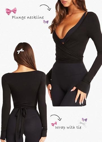 Navneet Women Pilates Wrap Top Ballet Yoga Tops Cute Going Out Top Y2K Low Cut Long Sleeve Tops Tie Up Bolero Cardigans Fall thumbnail 4