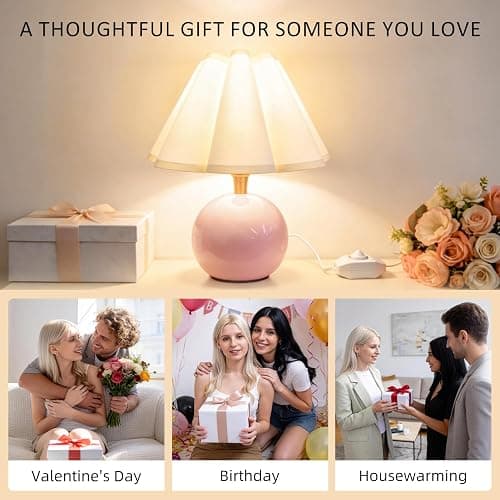 Komothala Small Bedside Table Lamp, Ceramic Stepless Dimmable Lamp with Scalloped Fabric Shade,Decorative Accent Light for Nightstand, Living Room, Console or Kids Dorm,Pink (E26 LED Bulb Included) thumbnail 9