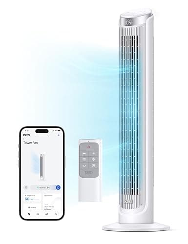 DREO Smart Tower Fan for Bedroom, 90° Oscillating Fan, 26ft/s Wind, 28dB | 5 speeds 4 modes, Quiet Floor Fans for Room , 12H timer, Remote/APP & Voice Control, Standing Fans that Blow Cold Air, White - Image 1