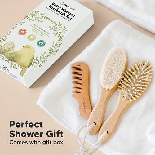 Baby Hair Brush Set for Newborns - Soft Goat Bristle Wooden Baby Brush and Comb Set Newborn Grooming Kit for Cradle Cap, Durable & Gentle, Boy, Girl Infant Essentials Care Kit (Oval, Walnut) thumbnail 9