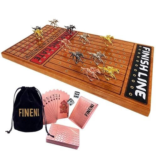 FINENI Horse Racing Game for Adults, Horse Race Board Game with 11 Luxurious Metal Horses (Gold, Silver, Black, Rose Gold), 22” Cherry Wood Horse Race Game Board, Dice & RoseGoldCard Included (Cherry) - Image 1