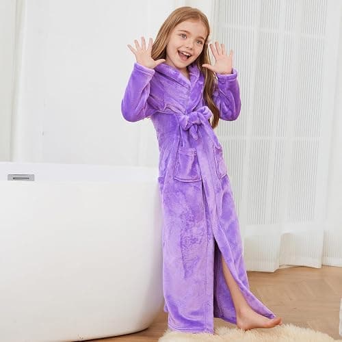 Jxstar Girls Bathrobes Kids Long Hooded Robes Plush Full Length Coral Fleece Pajamas Sleepwear thumbnail 4