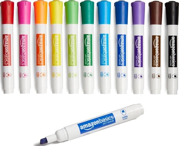 Amazon Basics Dry Erase Whiteboard Markers, Chisel Tip, Low-Odor, Assorted Colors, 12-Pack, Erase Easily - Image 1