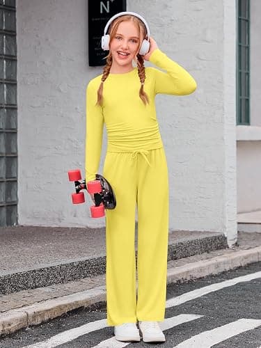 Haloumoning Girls 2 Piece Outfits Kids Ruched Long Sleeve Tops and Wide Leg Pants with Pockets Sweatsuit Clothing Sets thumbnail 4