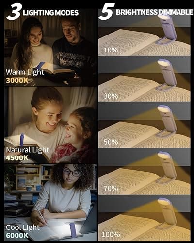 HEMONNKAM Book Reading Light, Rechargeable Clip on Booklight, Eye Caring 3 Color Temperatures & 5 Brightness Levels, Night Use for Bed, Long Lasting, Reading at Night in Bed, Romantic Purple thumbnail 2