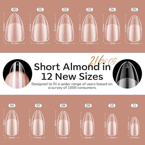 modelones Short Almond Gel Nail Tips Kit, 9-in-One Nail Glue with Portable U V Lamp 216Pcs 12Sizes Pre-Etched Press ons Fake Acrylic Extension Kit DIY Salon Gift for Women thumbnail 6
