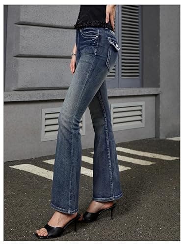 WDIRARA Women's Goth Punk Rhinestone Embroidered Flare Jeans Bootcut Denim Pants thumbnail 3