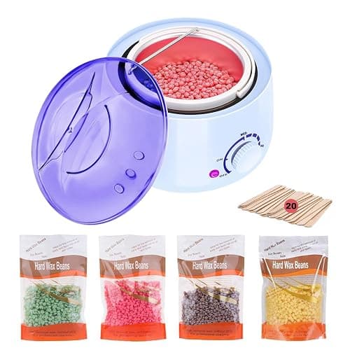 Wax Warmer Full Kit,Wax Heater Hair Removal Kit with Adjustable Temperature,with 4 Different Flavor Hard Wax Beans and 20 Wax Applicator Sticks,Painless at Home Wax Warme Hair Removal - Image 1