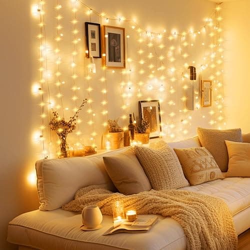 Minetom Curtain Lights, 300 LED Dimmable Fairy Lights with Remote and Timer, 8 Modes, USB Powered String Lights for Room Wall Party Xmas Indoor Decor, Warm White thumbnail 7