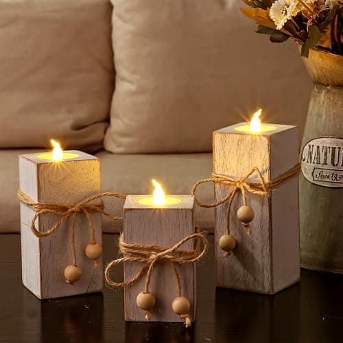 MelonBoat Rustic Flameless LED Candles 3-Pack, Battery Operated Candles with Wooden Candle Holders, White Rustic Farmhouse Decor, Farmhouse Candle Holder for Valentines Holiday Party Home Decor thumbnail 9