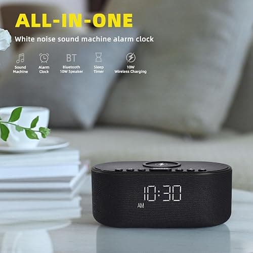 Sound Machine Alarm Clock for Bedrooms: Bluetooth 10W Stereo Sound Speaker with Wireless Charging - White Noise Machine for Sleeping with 21 Soothing Sounds - Black thumbnail 2