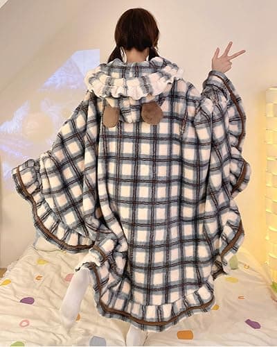 Neglance Plaid Hooded Cloak Plush Pajamas Robe Cute fuzzy Women's Winter Fleece Bathrobe with Pockets kawaii Loungewear thumbnail 5