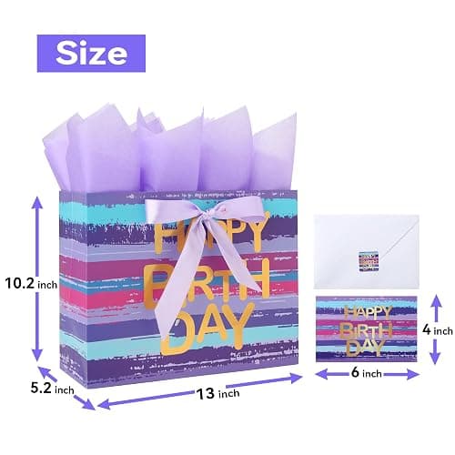 13" Large Purple-blue Multicolor Watercolor Gift Bag Set with Greeting Card and Lavender Tissue Papers (Gold Foil ‘Happy Birthday’) for Women's or Men's Birthday Party, Girls', Boys' or Kids' Party, thumbnail 2