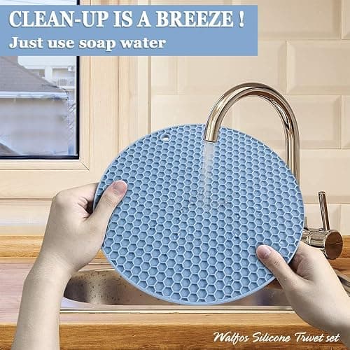 Silicone Trivet Mats - Walfos Heat Resistant Pot Holders Set, 4pcs 2 Sizes 7 Inch & 9 Inch, Multipurpose Non-Slip Hot Pads for Hot Pot, Hot Dishers, Jar Opener, Food Grade & BPA Free (Nordic Blue) thumbnail 7