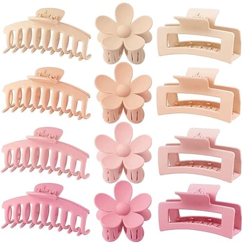 Large Hair Claw Clips 12 Pack, Flower Hair Clips for Thin Hair, Big Square Matte Strong hold for Thick Hair, 3 Styles Hair Clips for Women Thick Hair Pink Colors - Image 1