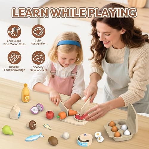 Wooden Play Food Toys for Kids - Pretend Play Kitchen Accessories Toy Set for Toddlers, Cutting Fruits Vegetables Toys Gift for Boys Girls Ages Over 3 Year Old thumbnail 5