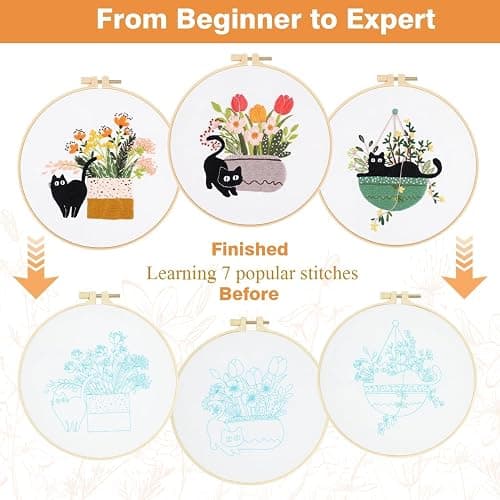 RidaaFri Embroidery Kit for Beginners, Set of 3 Stamped DIY Kits with Cat, Floral, Plant Patterns for Adults, Includes Hoop, Needles, Floss, Step-by-Step Video Tutorial, Complete Sewing Craft Supplies thumbnail 3