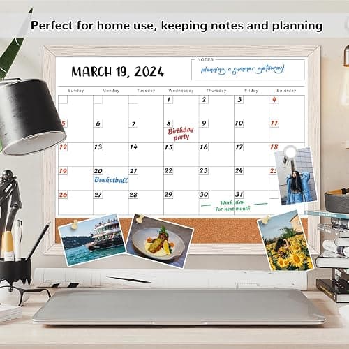 Monthly Whiteboard Calendar & Corkboard for Wall, Magnetic 17"x13" Dry Erase Board with White Wood Framed, 2in1 White Board Cork Board Combo, Calendar Bulletin Board for Kitchen Planner Memo Office thumbnail 6