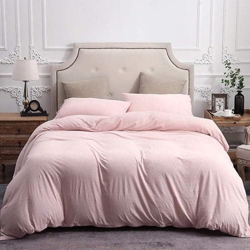 PURE ERA Jersey Knit Duvet Cover Set 100% T-Shirt Cotton Super Soft Comfy 3pc Bedding Set with Zipper Closure (Heather Pink, Queen) thumbnail 7