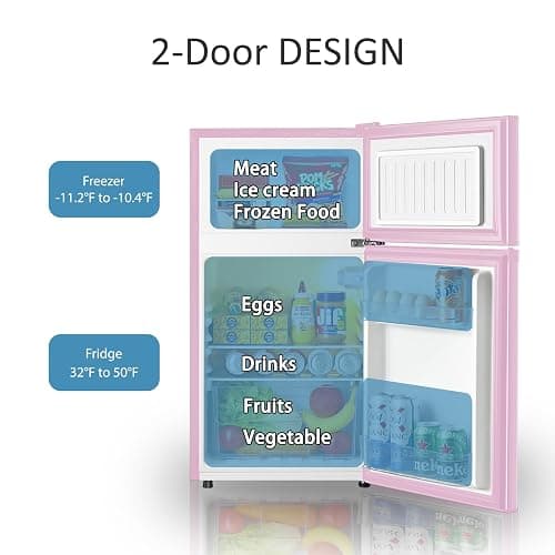 Saeoola Mini Fridge with Freezer, 3.2 Cu.Ft, 2 Doors Compact Mini Refrigerator with Separate Freezer for Dorm, Bedroom, Office, Apartment with 7-Level Temperature Control, Removable Shelves (Pink) thumbnail 5