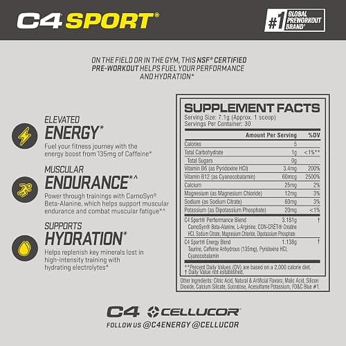 Cellucor C4 Sport Pre Workout Powder Blue Raspberry - Pre Workout Energy with 3g + 135mg Caffeine and Beta-Alanine Performance Blend - NSF Certified for Sport | 30 Servings thumbnail 2