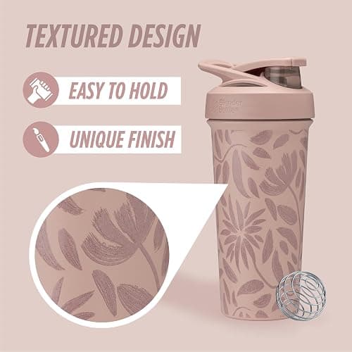 BlenderBottle Strada Flip Shaker Cup Insulated Stainless Steel Water Bottle with Wire Whisk, 25-Ounce, Brown Flowers thumbnail 2