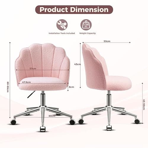 Eufurnibi Vanity Chair for Dressing Table with Wheels, Boucle Chair for Bedroom, Swivel Armchair for Home, Height Adjustable&Easy Assembly, Pink thumbnail 3