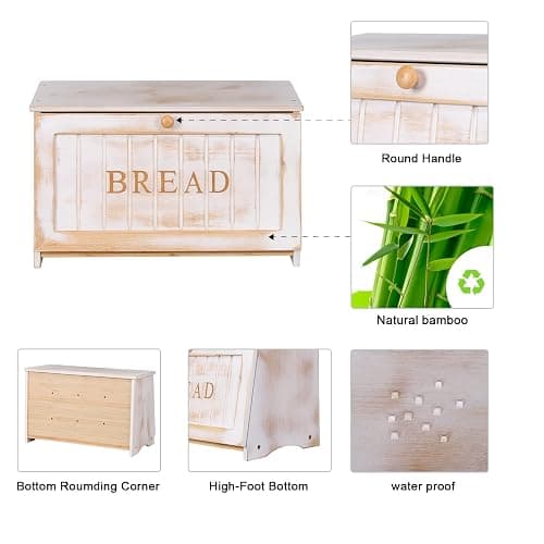 HOMEKOKO Vintage Large Wood Bread Box for Kitchen Counter, Retro Design Single Layer Bamboo Large Capacity Food Storage Bin (White) thumbnail 5