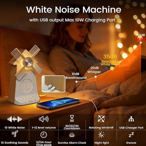 Sunrise Alarm Clock with Rotating Windmill, Easy Snooze Wake Up Light, 10 Natural Sounds & 10 White Noises, 4-Level Dimmer Bedside Night Light with 30/60/90 Min Timers, Sleep Aid Gift for Adults/Kids thumbnail 6