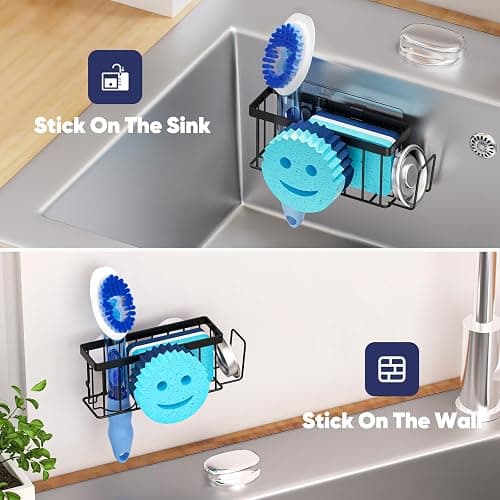 MURLONG Sponge Holder for Kitchen Sink,Sink Caddy Smiley Face,4-in-1 Sponge Holder with Suction Cups & 1 PCS Adhesive Strips for Holding Soap,Brush,Scrubber,Sponge,Stopper-Black thumbnail 6