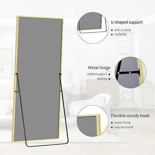 BONEWEI Full Length Mirror, 179x65cm Floor Mirrors, Rectangular Standing Mirror Gold Aluminum Frame, Large Full Body Mirrors Standing Hanging or Leaning Against Wall for Livingroom Dressingroom thumbnail 6