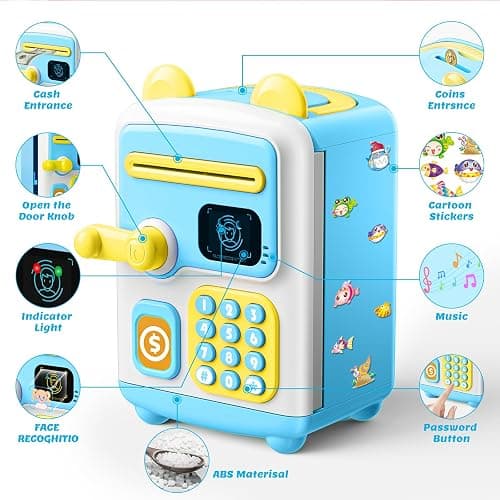 【Upgraded】 Piggy Bank, Face ID Password Unlocking Electronic Kids Bank ATM Security Unlocking Cash Coin Bank Toys Gifts for Kids, Coin Bank for 3 4 5 6 7 8 9 10 11 12 Year Old Boys Girls Blue thumbnail 4