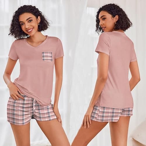 Ekouaer Womens Pajama Sets Short Sleeve Pajamas for Women Sets Soft Lounge Sets Casual V Neck Sleepwear PJS thumbnail 2
