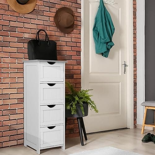 Bonnlo Bathroom Storage Cabinet Skinny Wooden Side Bathroom with 4 Drawers Small Free Standing Floor Cabinet White Slim 12 Inch Wide Organizer for Bedroom Living Room, 12 Inch Deep Narrow Organizer thumbnail 2