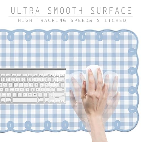 Cute Blue Scalloped Desk Mat Gingham Checkered Large Mouse Pad Kawaii Vintage Farmhouse-Inspired Cottagecore Office Desk Decor Stitched Nonslip Pad for Computer Keyboard & Mouse 31 * 15.7in thumbnail 6