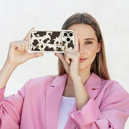 Jefonha Cute for iPhone 17 Pro Max Case with Strap Stand, Brown Milk Cow | Aesthetic Cow Animal Print, Adjustable Finger Hand Grip Holder, Kickstand Function, Durable Silicone Protective Cover thumbnail 6