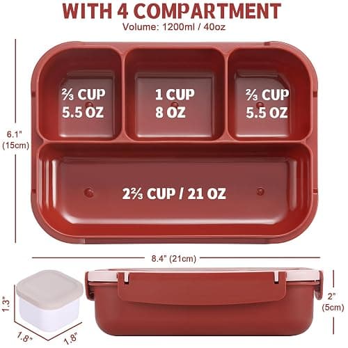 shell and turtle Bento Box Adult Lunch Box, Lunch Containers for Kids Girls Boys with 4 Compartments, Lunchable Food Container with Utensils, Sauce Jar, Muffin Liners, 40 Oz/5 Cup, Retro Red thumbnail 3