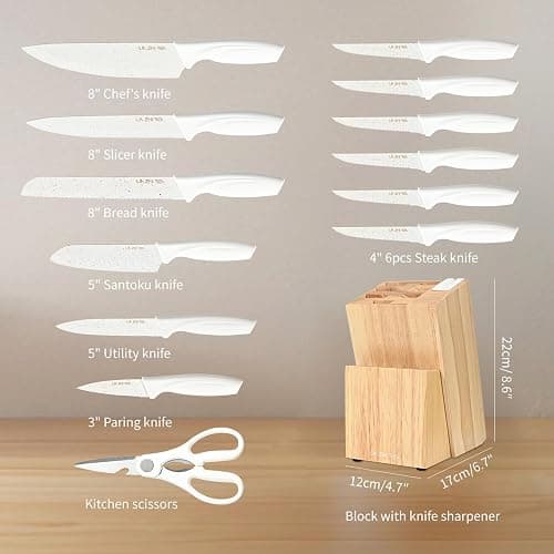 LIN ZHI REN 15 Piece Knife Set，Kitchen Knife Block Set，White stainless steel knife set with sharpener for Chopping, Slicing, Dicing & Cutting，Dishwasher safe thumbnail 3