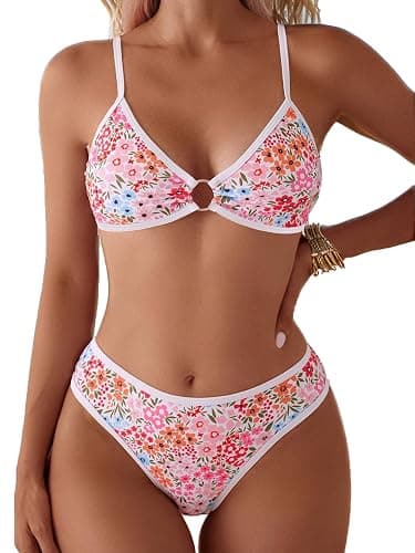 Fanuerg Women's Triangle Bikini Sets O Ring Linked Two Piece Swimsuits Floral Printed Cheeky Bathing Suit - Image 1